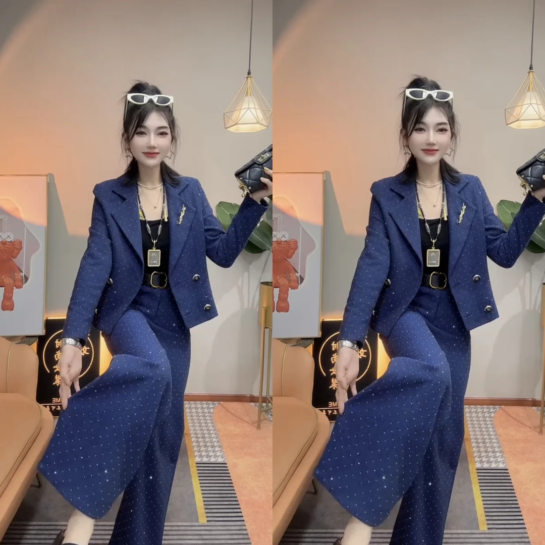 春秋新款时尚宽松显瘦百搭西服外套阔腿裤套装