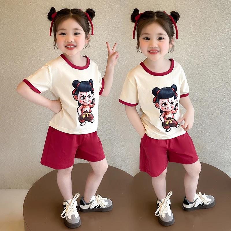 女宝宝夏季可爱哪吒短袖套装2025新款女小童洋气纯棉T恤两件套潮