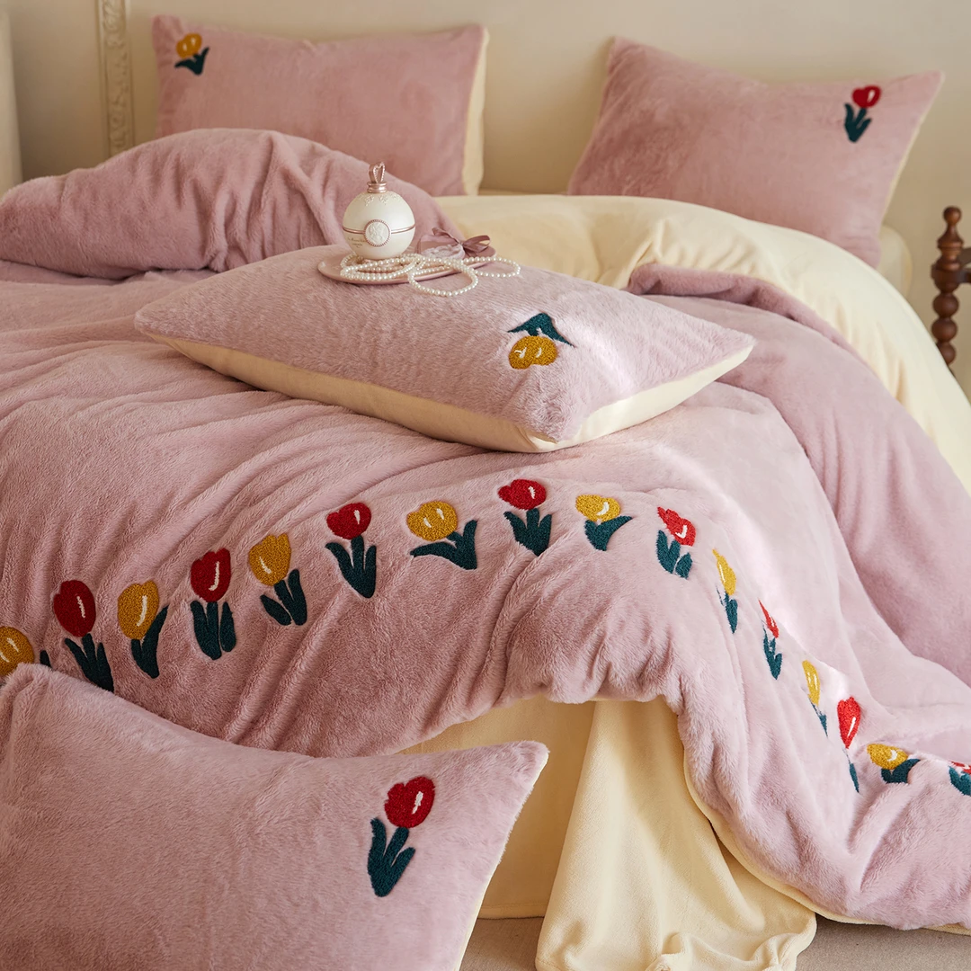 水星高端适用家纺毛巾绣毛绒牛奶绒床上四件套冬季珊瑚法兰绒床单