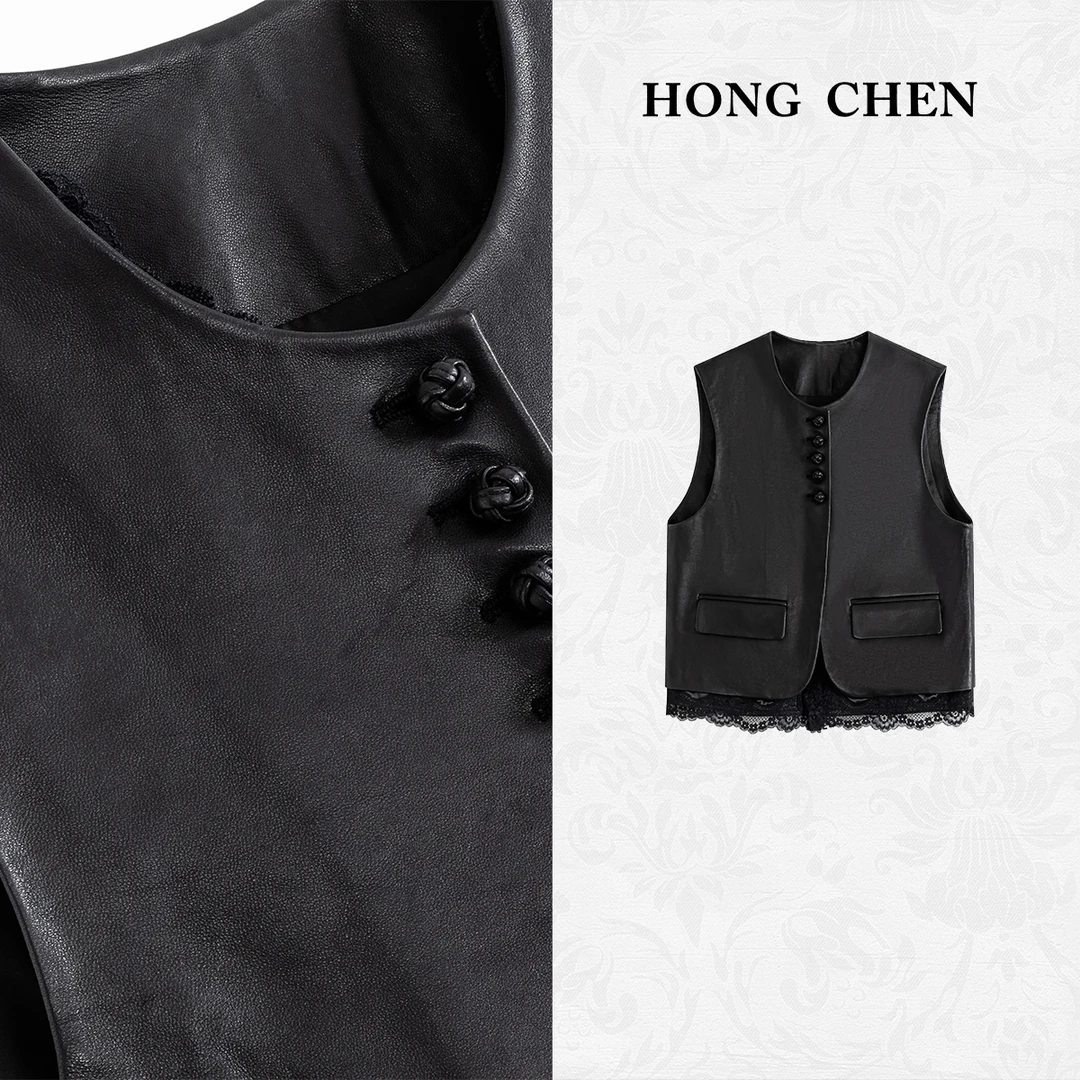【虹辰·进口羊皮马夹】高端气质蕾丝高级感时尚优雅百搭休闲-HC1577