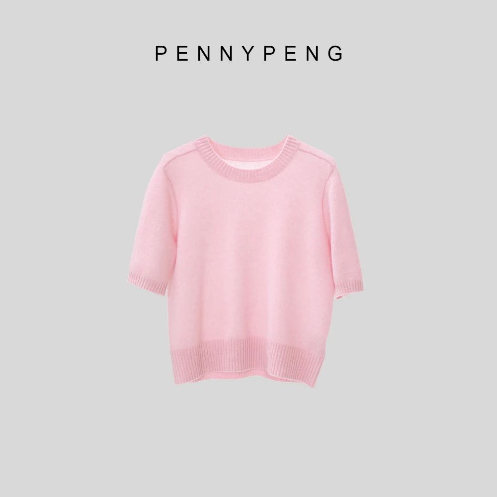PENNYPENG粉红相邀欧若风早春时尚气质休闲浅粉色圆领羊绒短袖