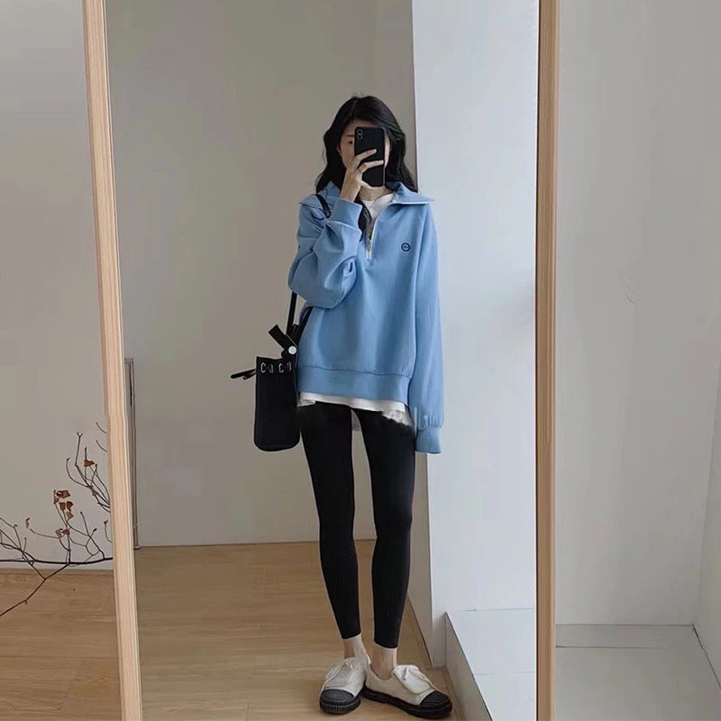 YBN6044早春秋2025新款港味复古设计感慵懒风蓝色立领卫衣女