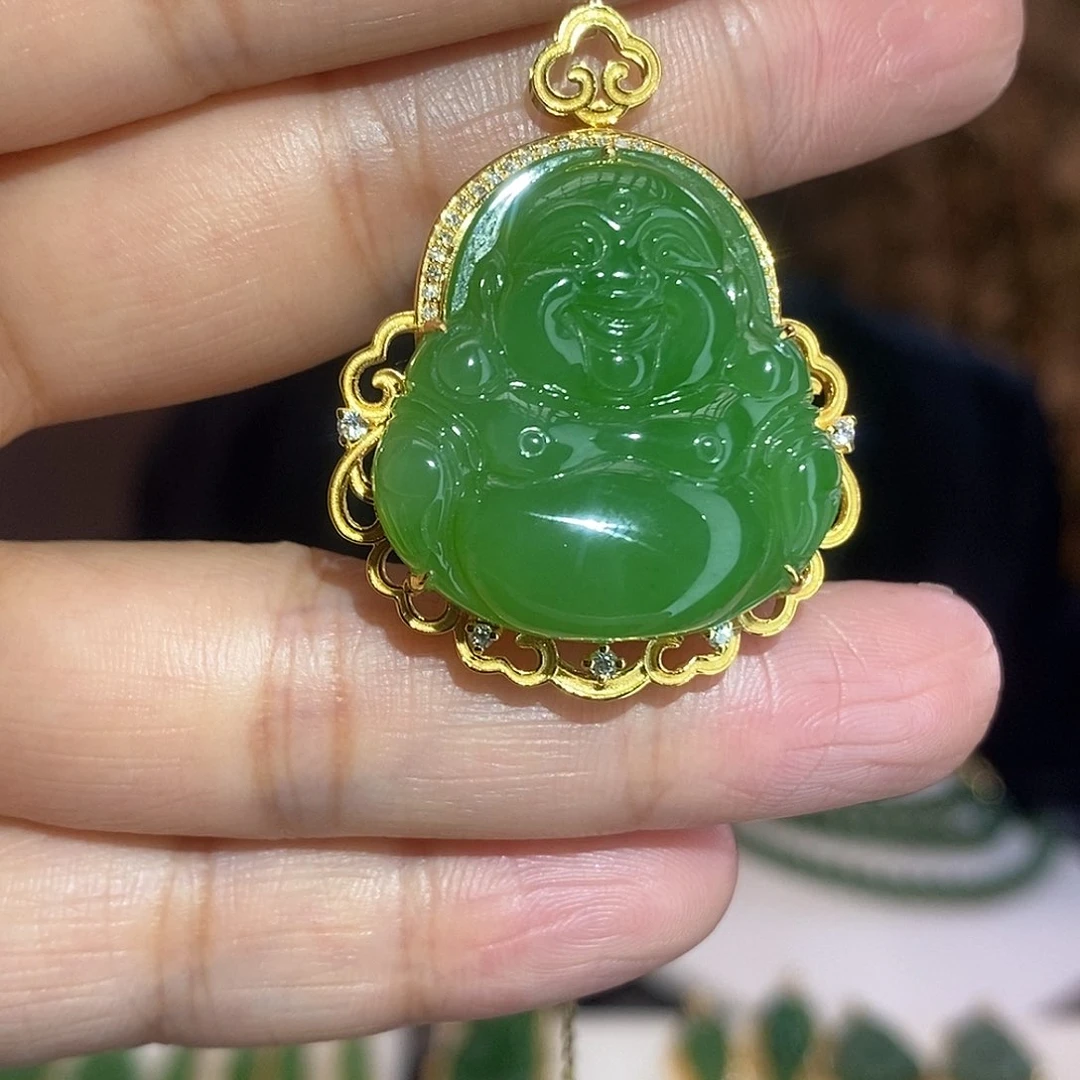 和田玉（碧玉）18K金镶嵌吊坠(不含链)