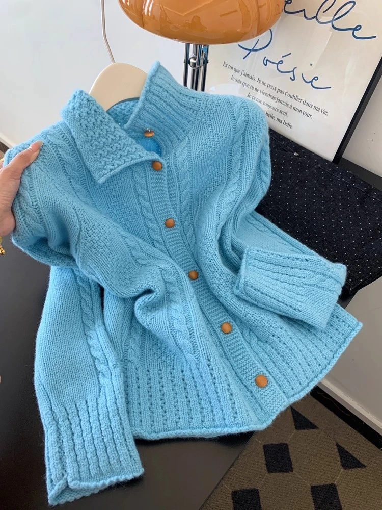 2025韩系蓝色镂空翻领长袖针织麻花毛衣开衫外套女士质感初秋上衣