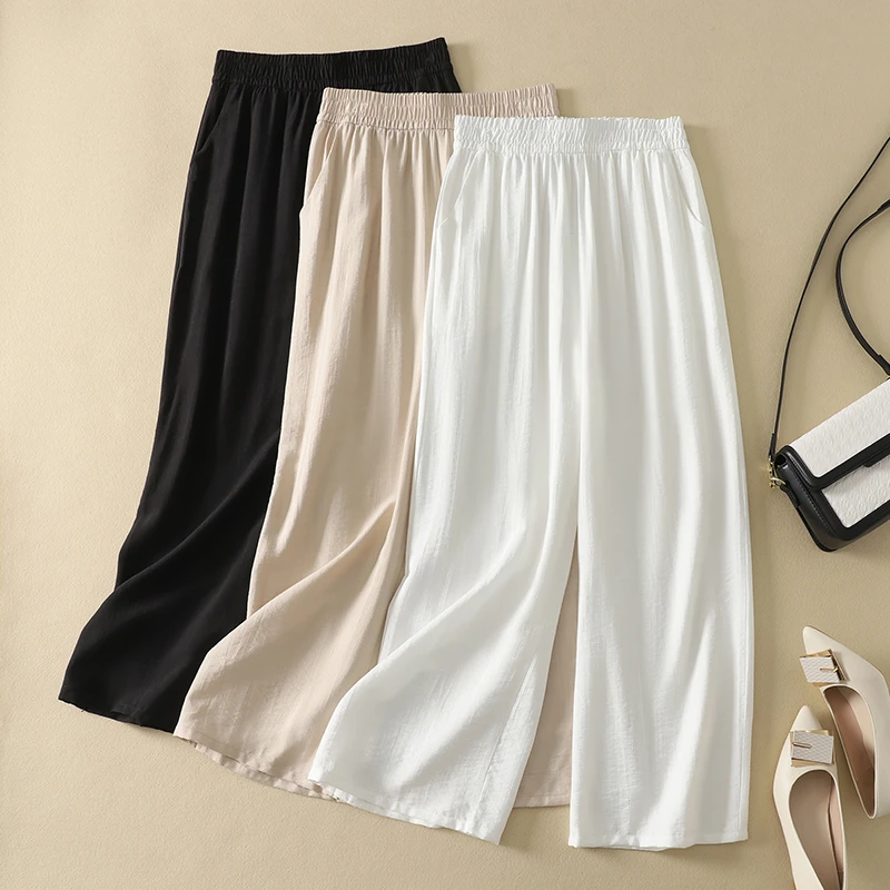 中年妈妈夏季舒适透气麻料九分阔腿裤中老年女装夏装薄款直筒裤子