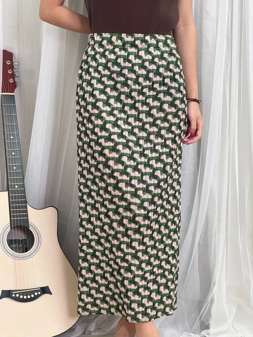 自然腰高腰褶皱中裙通勤半身裙不规则豹纹碎花度假风M17