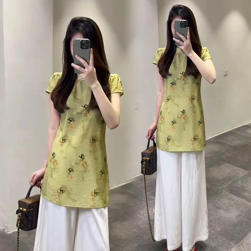 新中式国风套装女2025夏季新款时尚洋气改良版旗袍阔腿裤两件套潮