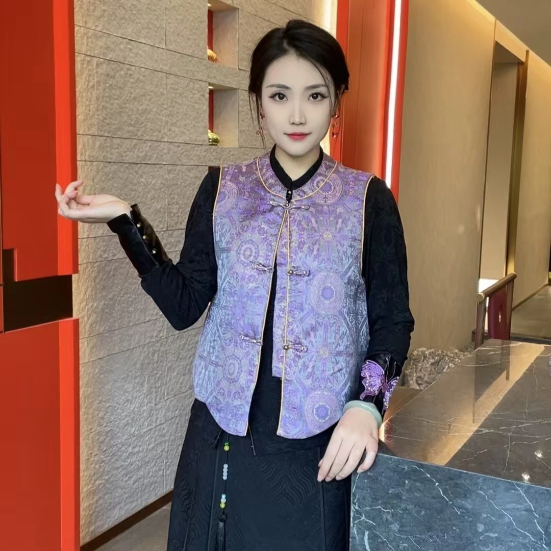 【紫瑜】2025新款春季国风马甲新中式宽松立领提花荷叶边马夹外套女