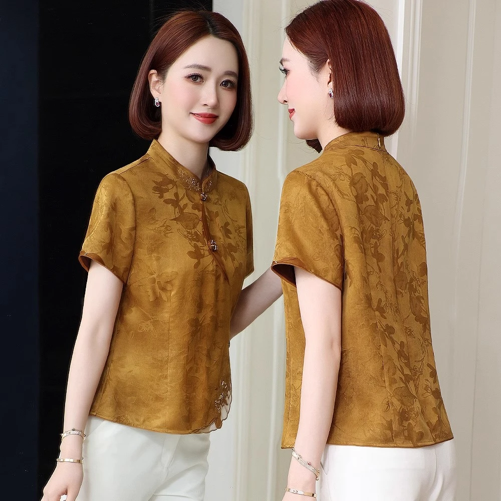 桑蚕丝杭州中老年女装妈妈装新中式香云纱提花小衫提花立领夏季款