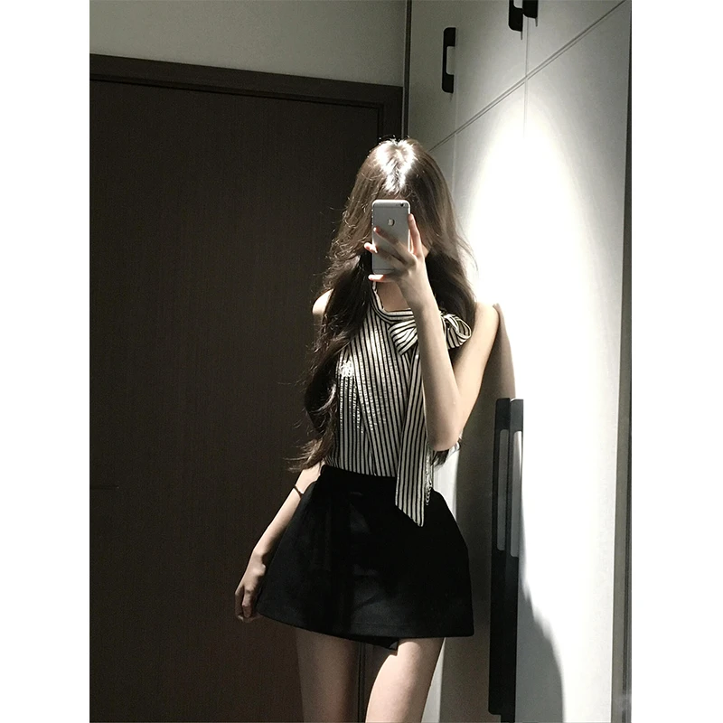 富家千金气质衣服辣妹条纹短袖上衣2025夏季高腰气质显瘦半身裙