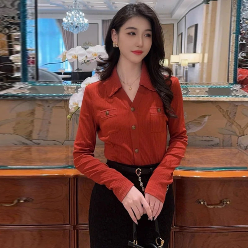 【商场同款】春秋百搭翻领拼接小香风收腰长袖衬衫袁衣都舍复古衬衣