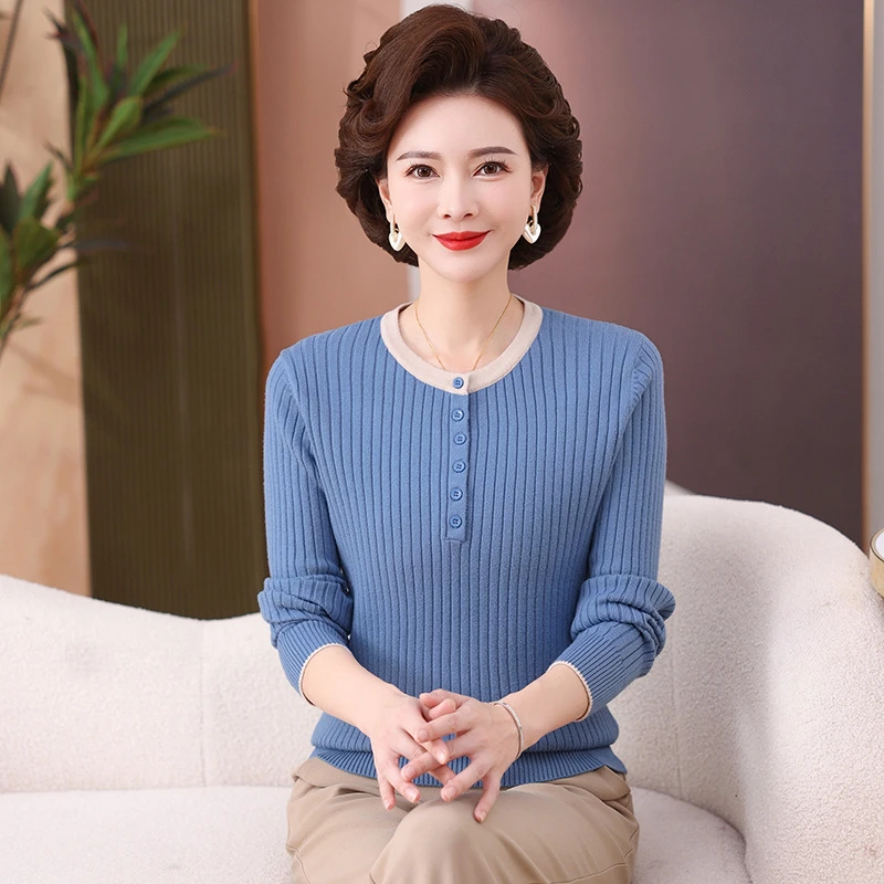 气质妈妈秋装针织小衫2025新款中老女装春秋长袖圆领打底薄毛衣