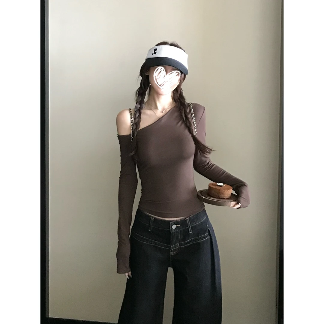 早秋新款INS风辣妹设计感纯欲风修身型落肩紧身T恤长袖Y3557