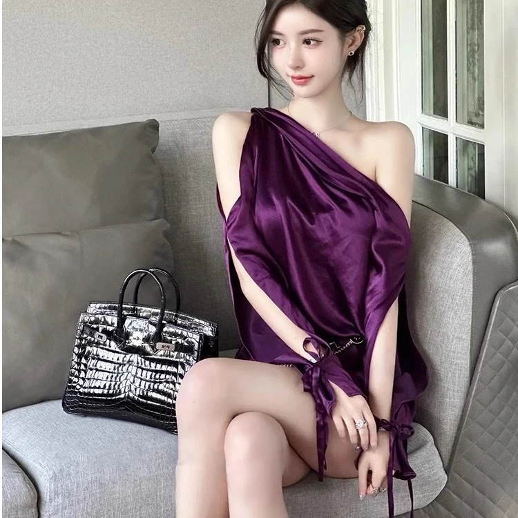 紫色纯欲风露肩性感连衣裙女夏季高级感名媛绝美缎面绑带显瘦裙子