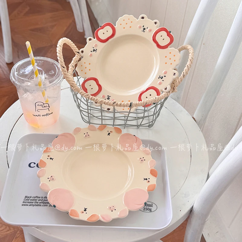 可爱手作花边盘浮雕立体苹果小熊小狗陶瓷菜盘生日餐具礼物甜品盘