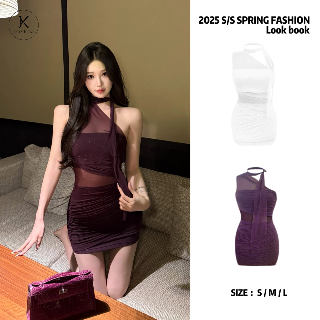 JOY KIKI金金【浪漫心事】收腰修身气质纯欲挂脖斜肩连衣裙J25A106