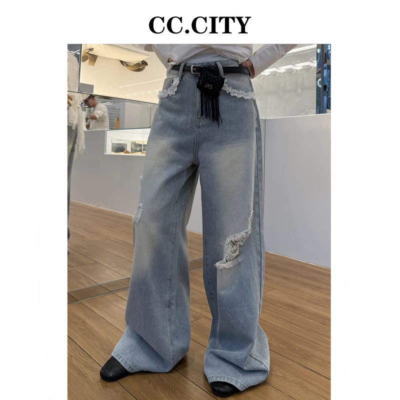 【蔡丽丽 & 添羽 】时尚洋气重工百搭牛仔破洞休闲裤W2122