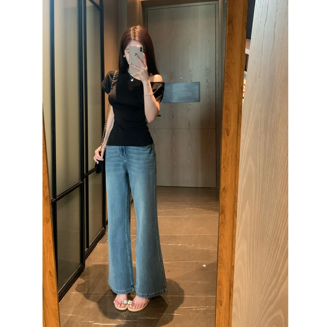 【超模牛仔裤】四面弹显高显瘦复古蓝洗水微喇直筒牛仔裤女夏季薄款