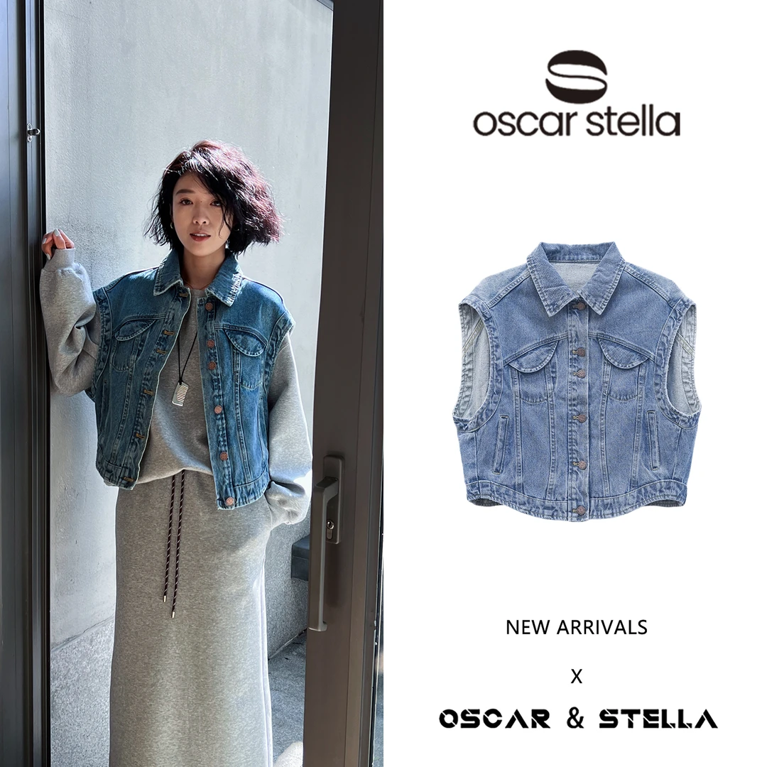 OSCAR&STELLA【午逅】复古翻领无袖牛仔显瘦坎肩马甲 270-ES6042