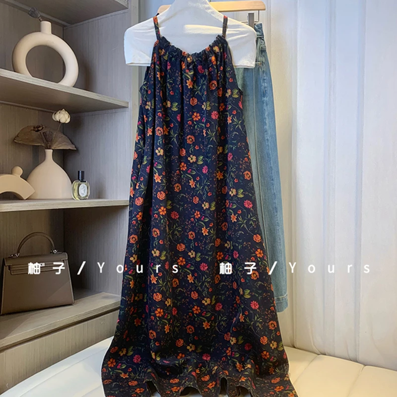 柚子yours【小碎花】100桑蚕丝泥染香云纱小众设计复古露肩连衣裙