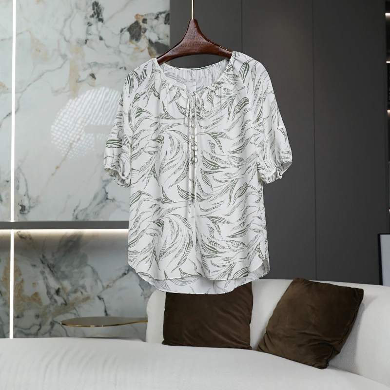 【双绉真丝】白色绿叶印花衬衫女2025春季新款休闲圆领中袖休闲上衣
