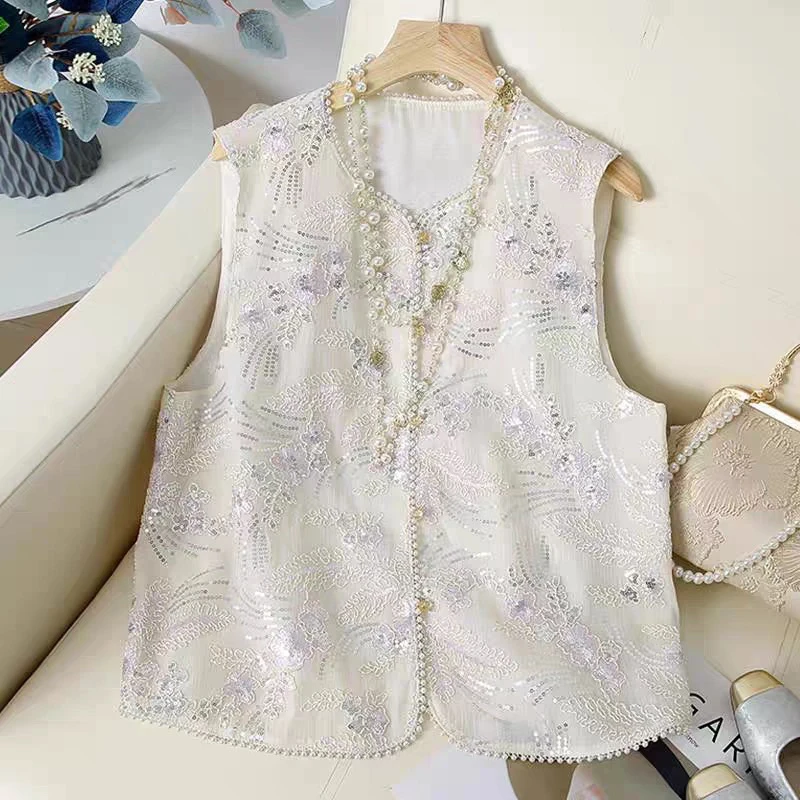 马甲夏季马夹中式蕾丝欧根纱马甲中国风无袖民族风