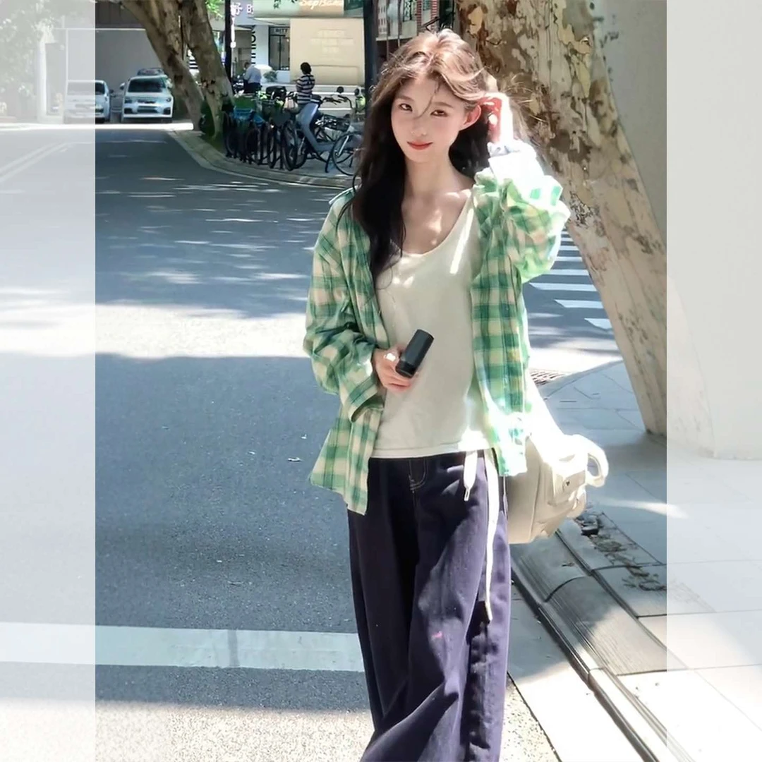 绿色格子polo领薄款防晒衬衫衬衫女2025夏季新女白色格子衬衫