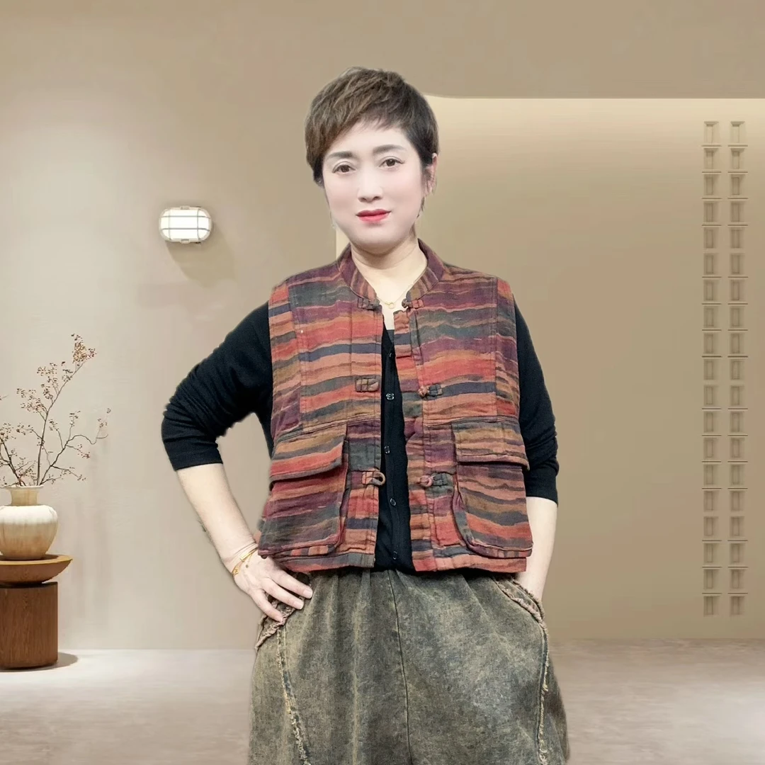 C3011春季文艺马甲女复古休闲盘扣短款马夹46衣长 120胸围