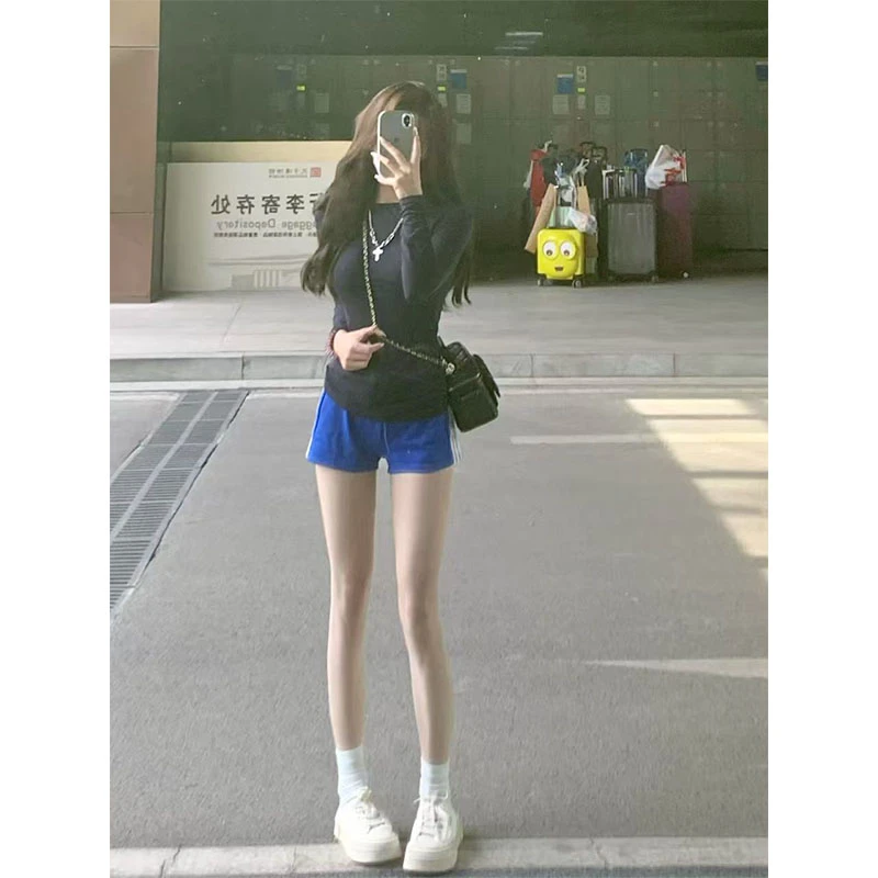 美式辣妹纯欲休闲百搭修身显瘦长袖上衣T恤高腰设计感撞色短裤女