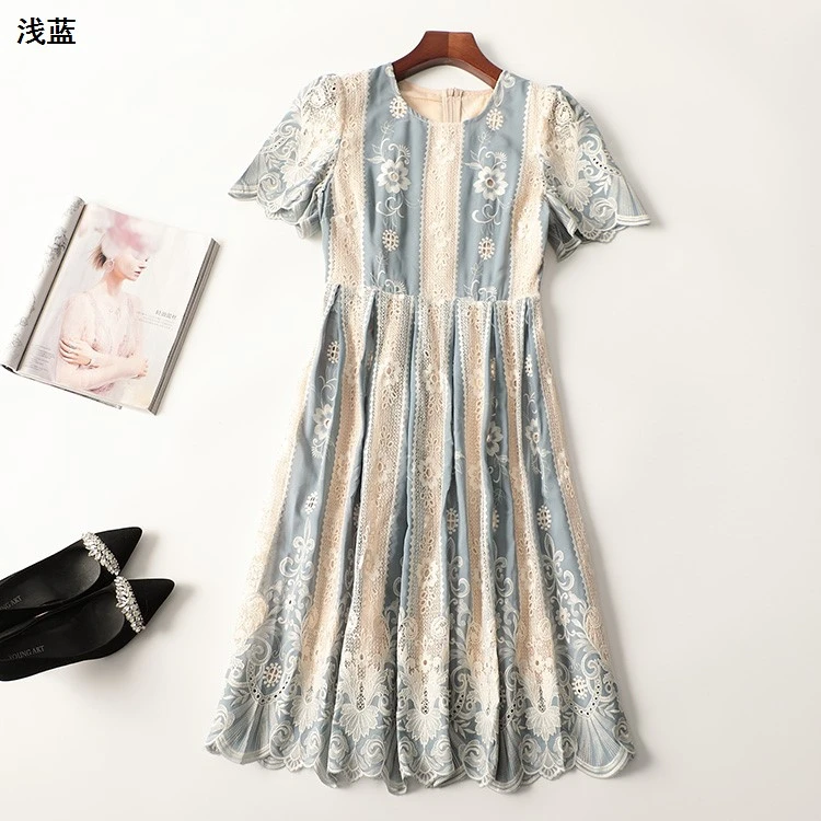 裙子春加长款短袖圆领透视蕾丝印花拼接收腰碎花连衣裙气质新奇特