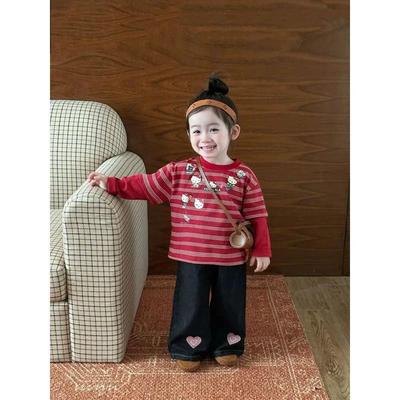 女童秋季套装2025新款宝宝洋气卡通假两件长袖卫衣儿童牛仔休闲裤