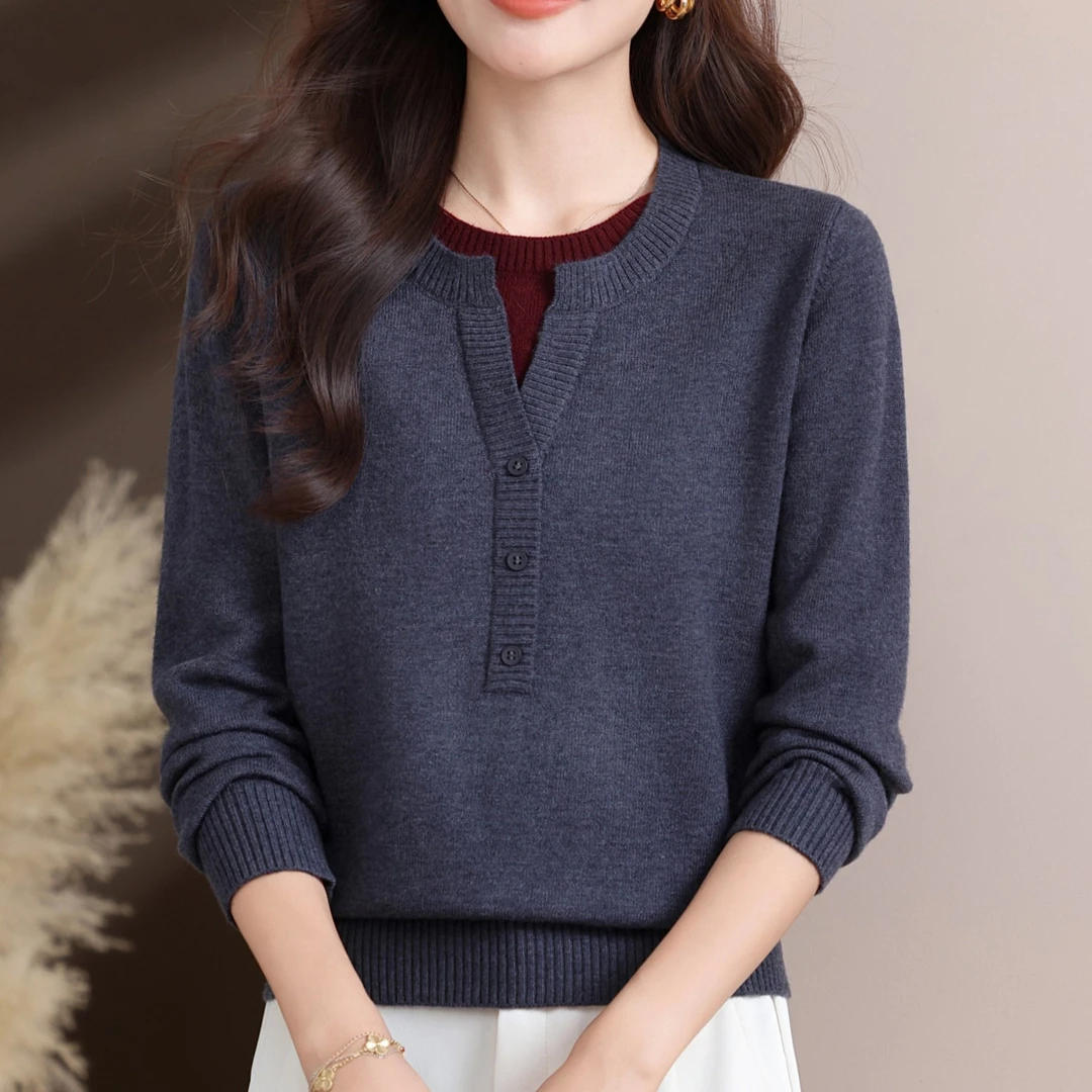 25秋冬女士圆领套头假两件宽松显瘦洋气百搭拼色毛针织衫