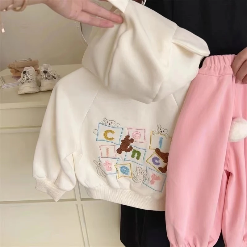 28030新款套装卡通刺绣女童新款春女童连帽新款时尚洋气可爱