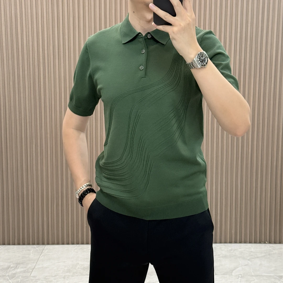 夏季新款冰丝polo衫男士重工针织轻奢修身百搭时尚商务简约纯色潮