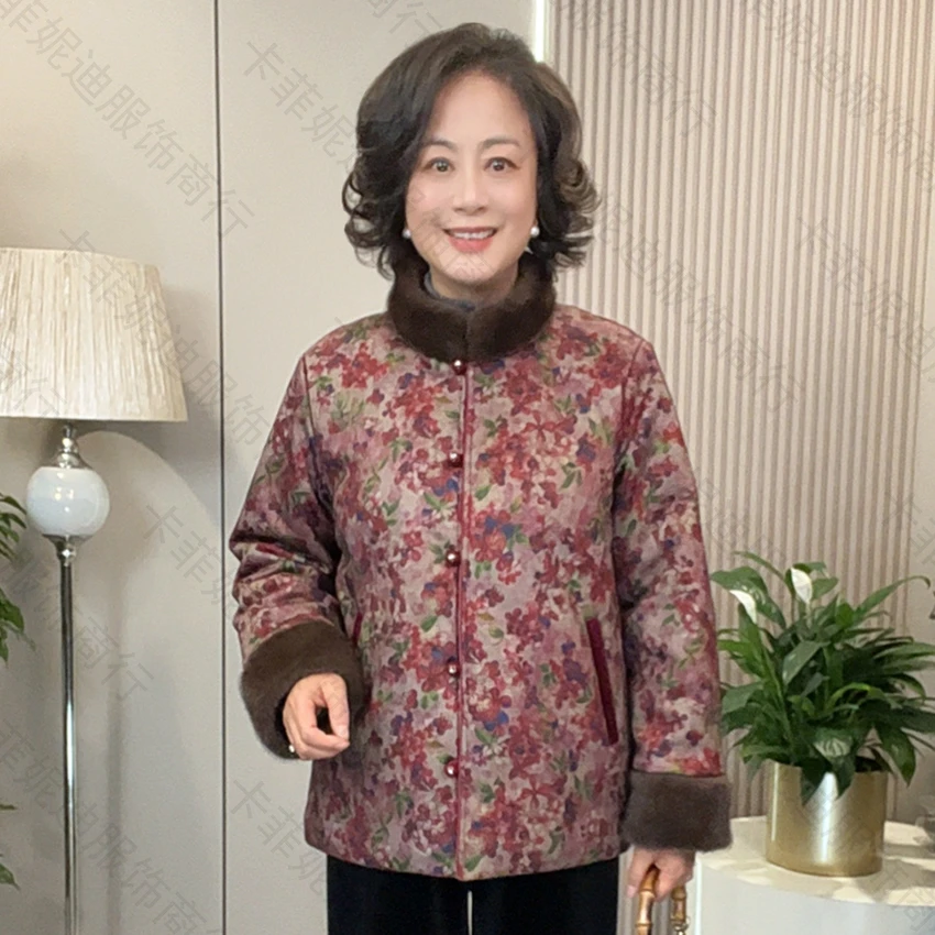 25231冬季气质简约加绒加厚妈妈装舒适保暖百搭棉衣外套