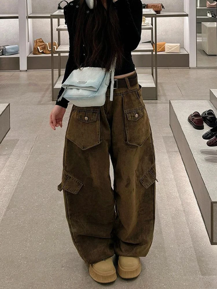 美式复古多口袋美拉德棕色牛仔工装裤女秋辣妹重工设计感弯刀长裤