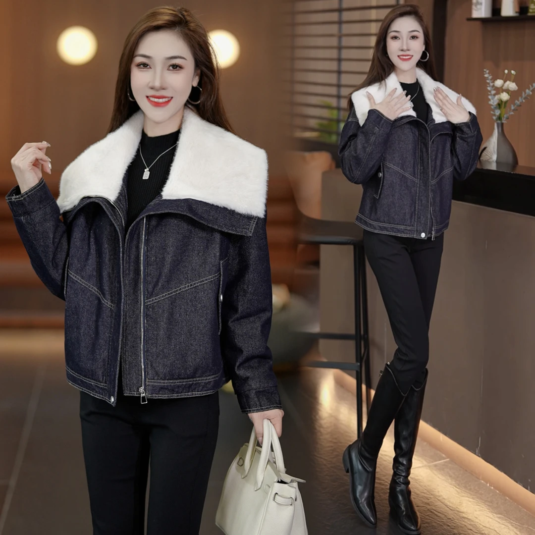 娃娃领羊羔毛牛仔外套女士冬季新款宽松百搭小个子短款加厚外套