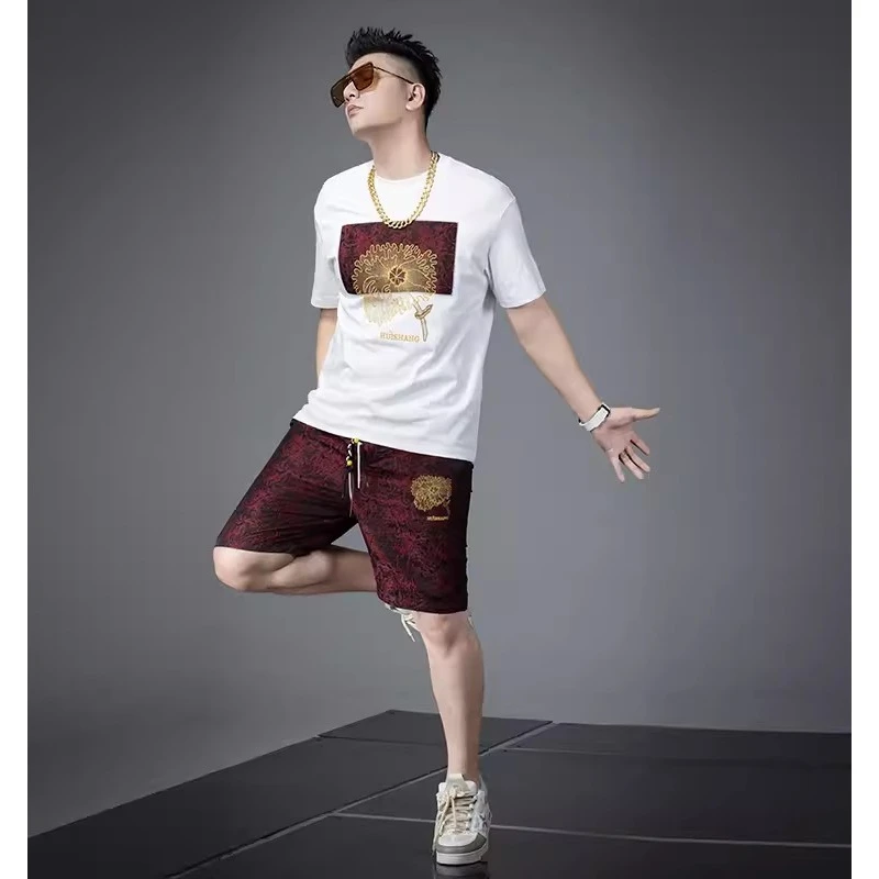 欧货潮牌男士夏装短裤套装2025新款潮牌玫瑰刺绣短袖T恤休闲一套