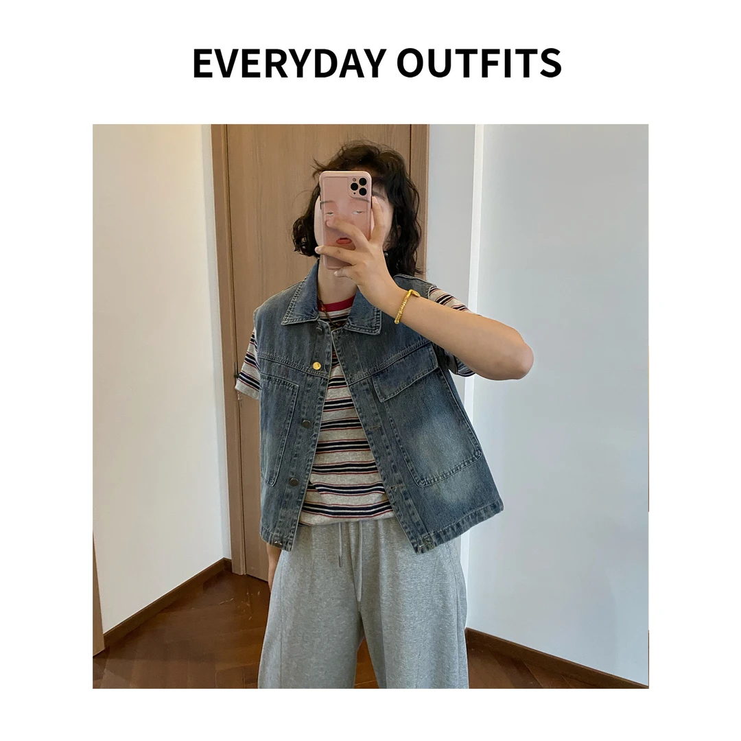 HONG. 不规则口袋牛仔马甲5D26休闲百搭小众夏季复古 888008清仓