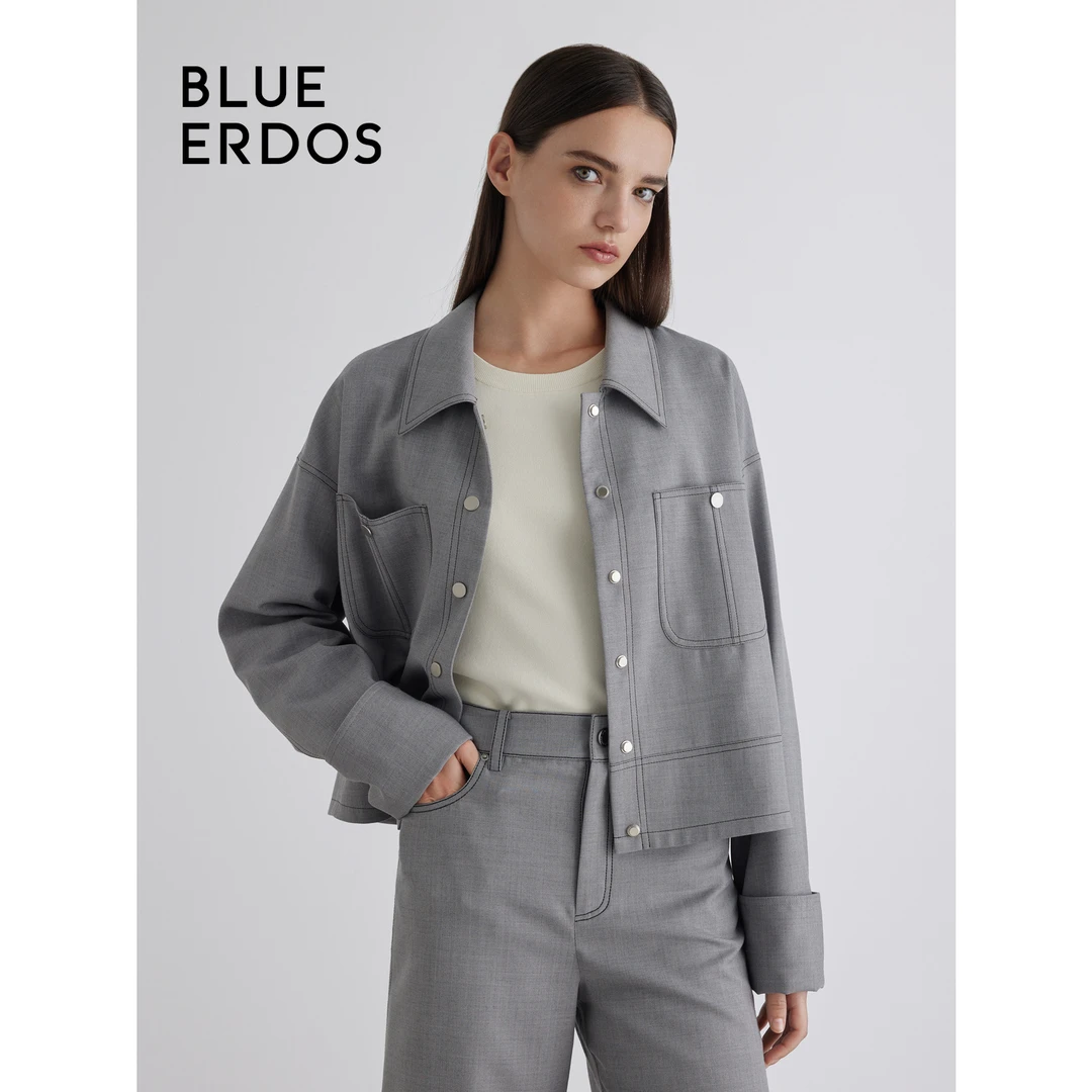 BLUE ERDOS秋冬宽松休闲翻领羊毛混纺长袖外套女B236J0019