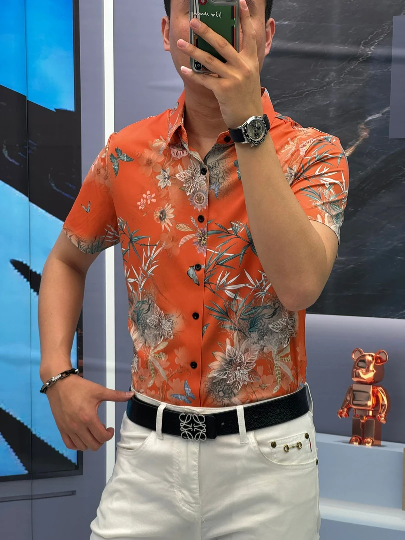 25夏季（轩诚）蝴蝶印花时尚个性百搭潮流男款弹力三色短袖衬衫衬衣