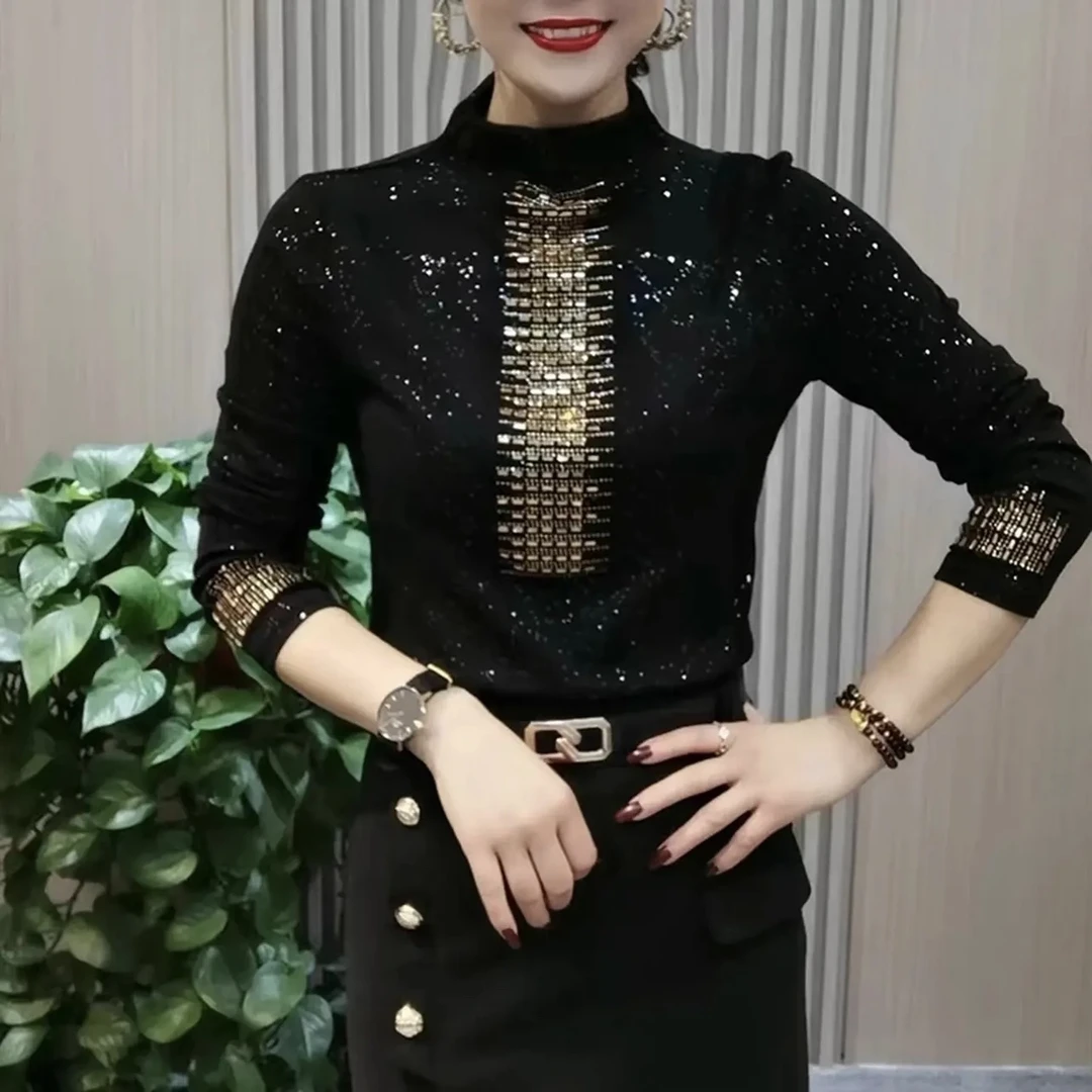 加绒加厚女士秋季保暖打底T恤半高领长袖纯色极简风烫钻