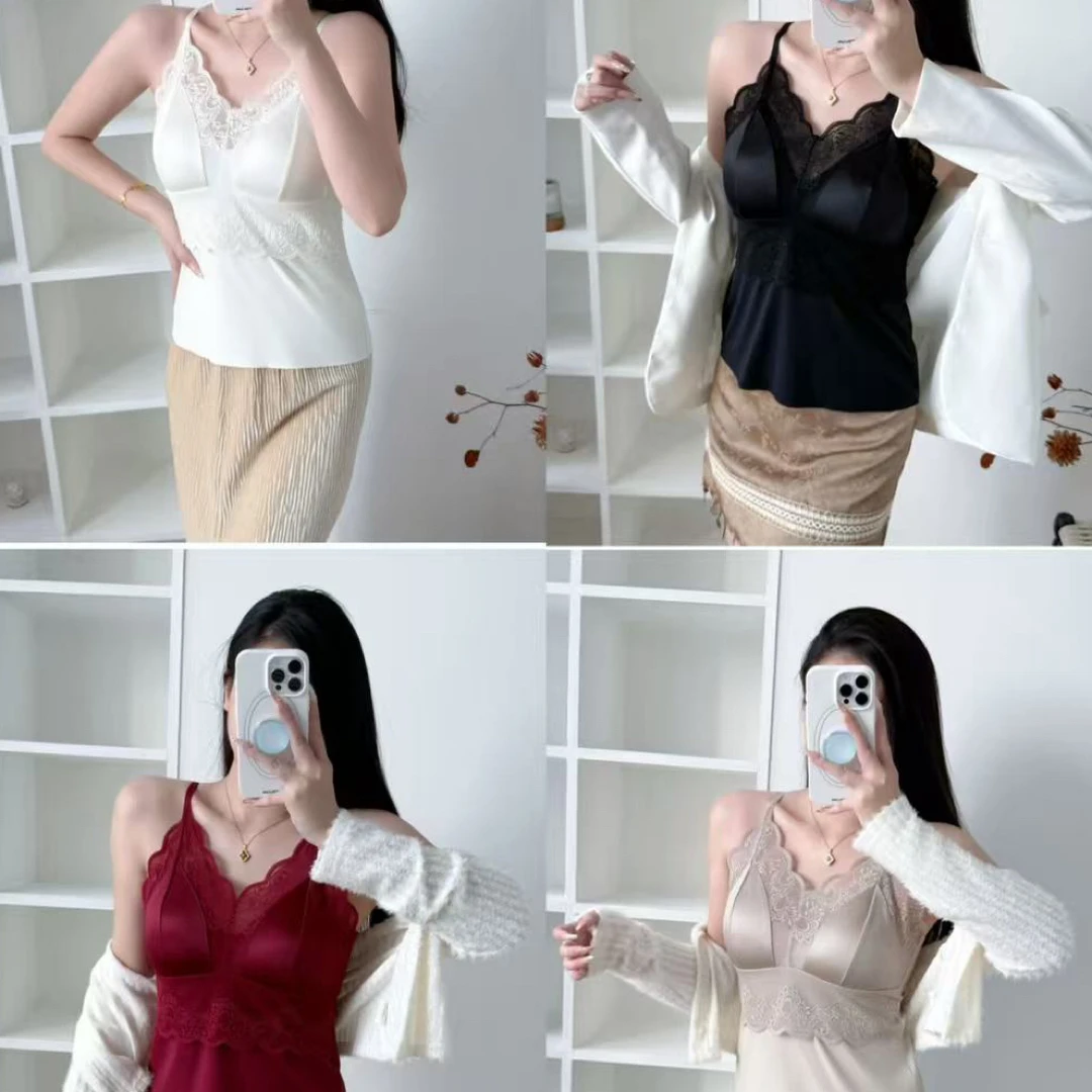 秋冬磨毛亲肤蕾丝拼接性感美背吊带背心内搭打底上衣