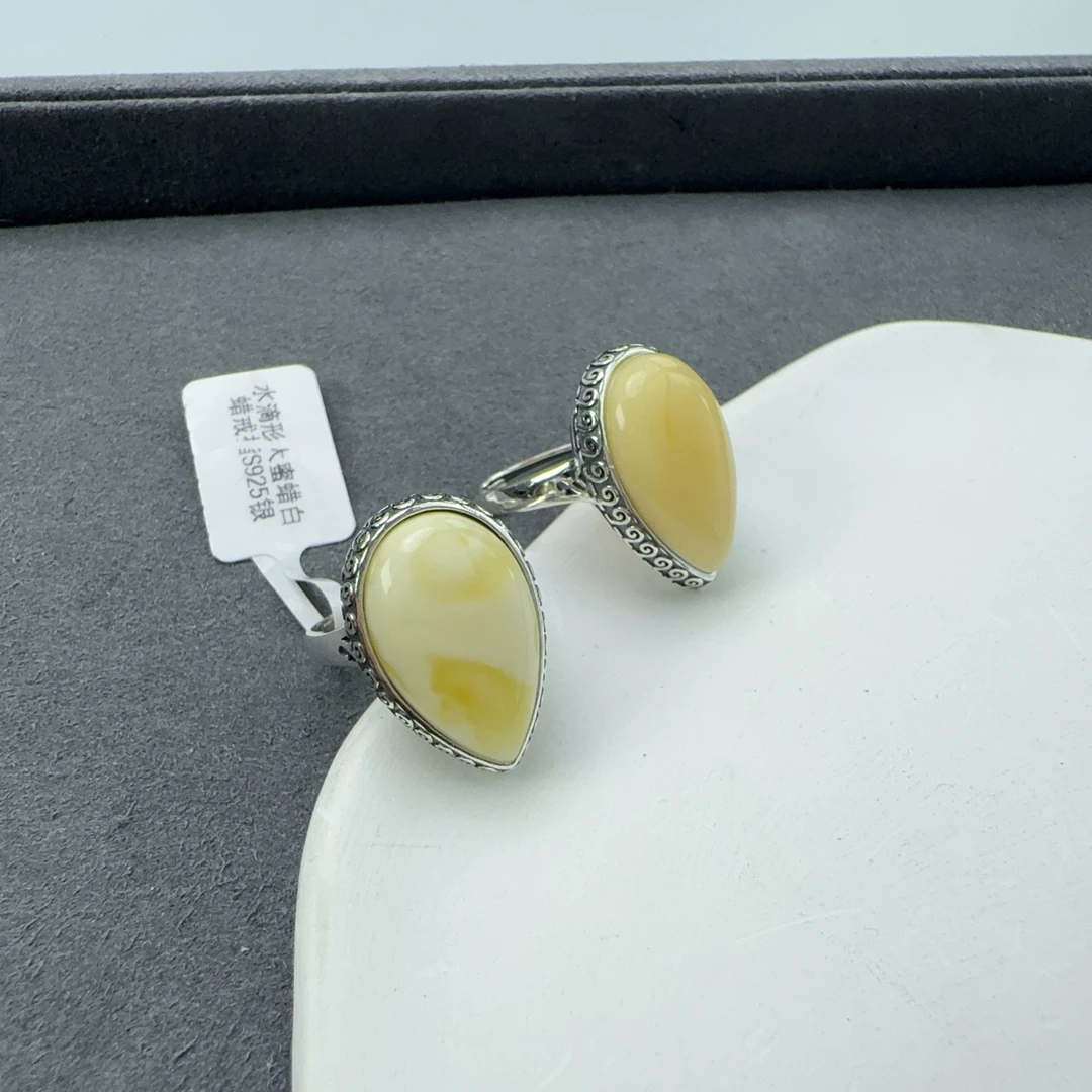 水滴形大蜜蜡白蜡戒指S925银多样性发一