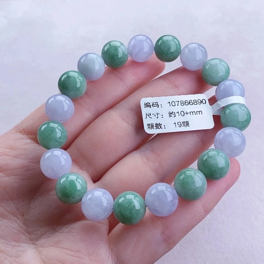 缅甸天然翡翠手串 卡10+ 冰润春带彩圆珠手串 女款 彩色 精美单圈