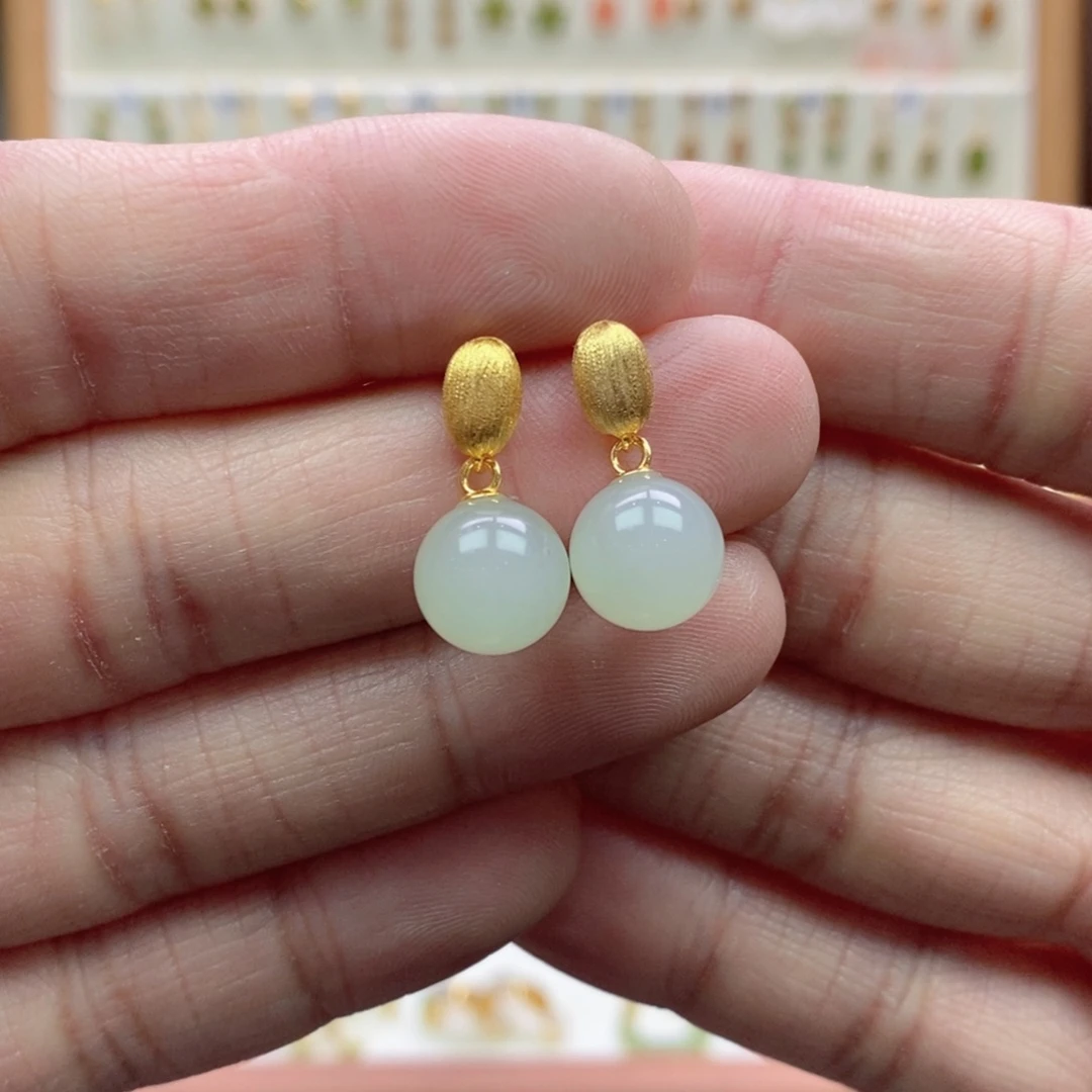 和田玉银S925镶嵌耳饰