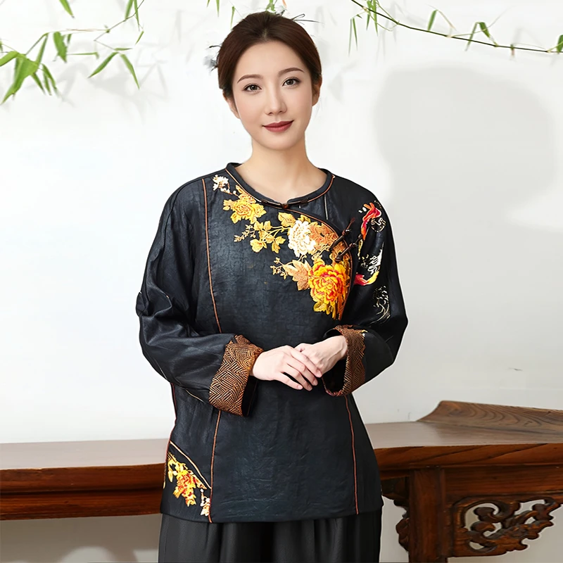 娑尔香云纱绮罗牡丹花刺绣上衣SI4SB03394