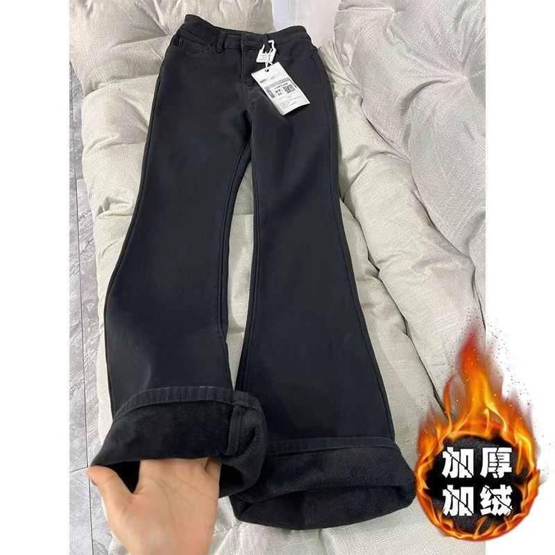 小个子加绒加厚黑色辣妹2025新款秋冬百搭显瘦显高垂感微喇牛仔裤