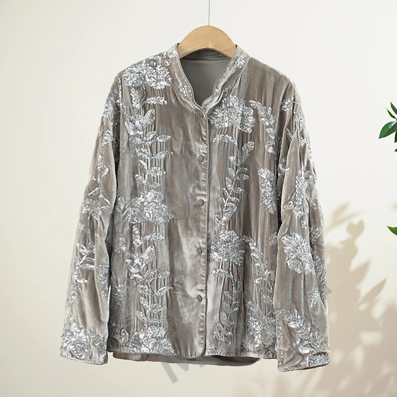 超重工亮片桑蚕丝丝绒新中式国风外套（240104）