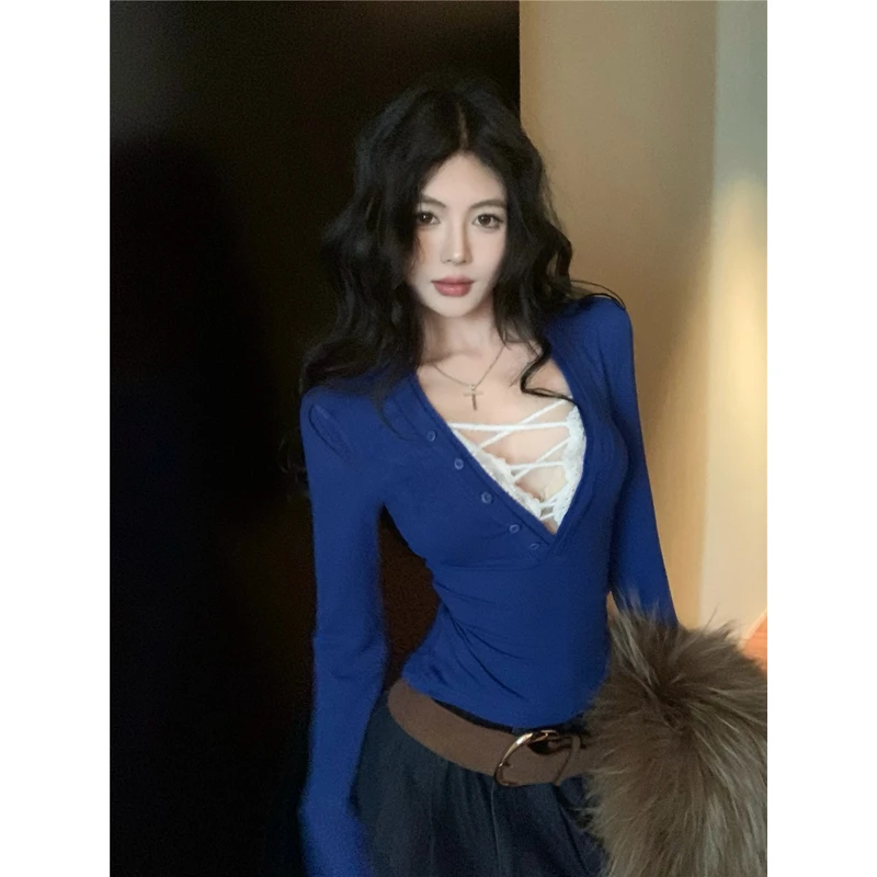 韩版复古性感克莱因蓝T恤假两件修身显瘦V领绑带长袖上衣女装冬季